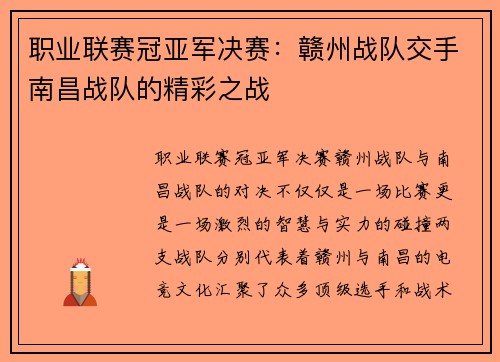 职业联赛冠亚军决赛：赣州战队交手南昌战队的精彩之战